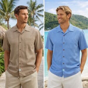 Caribbean Joe Mens Hawaiian Camp Shirt 2 Pack M Blue Tan Rayon Beach Resort Wear